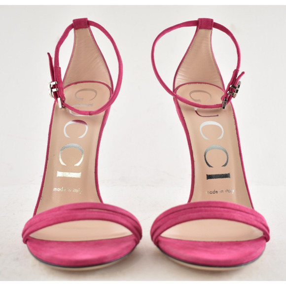 Gucci Ilse Bright Fuxia Pink Suede Crystal GG Logo Ankle Strap Heel Sandal 36 - Picture 7 of 14